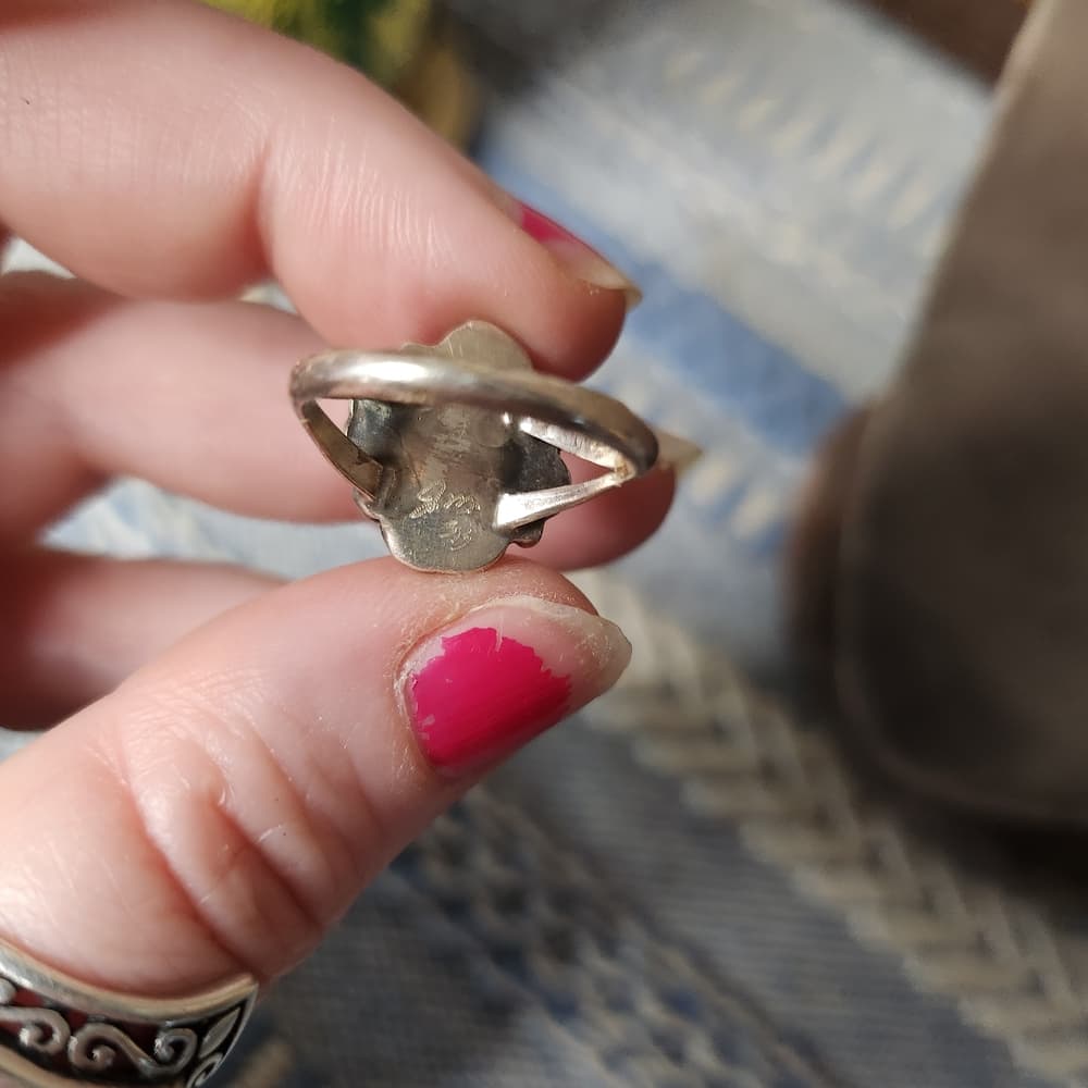 Signed Navajo Sterling Silver And Lapis Lazuli Oval Floral Ring 6.5 - Thumbnail 9
