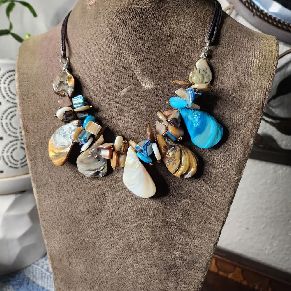 Blue Cream Brown Shell And Black Leather 16" Necklace With Extension