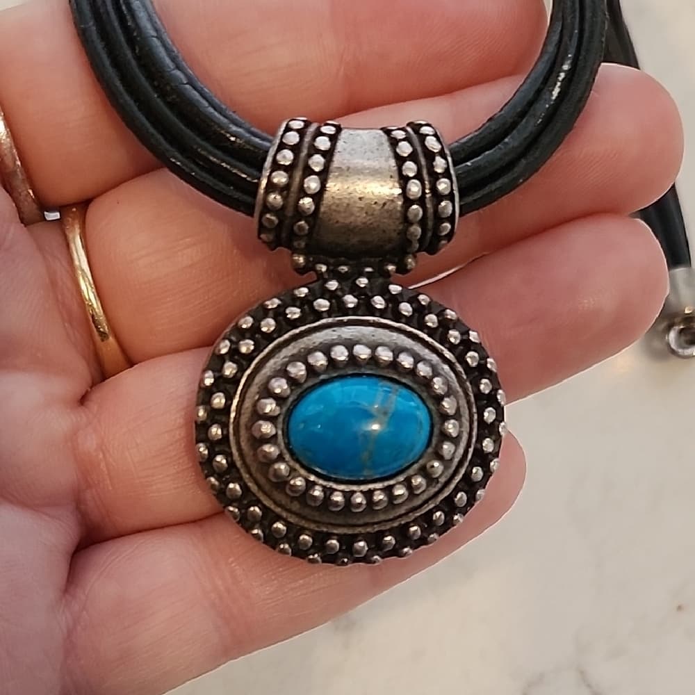Chico's Leather Silver and Turquiose Southwestern Style Pendant Necklace