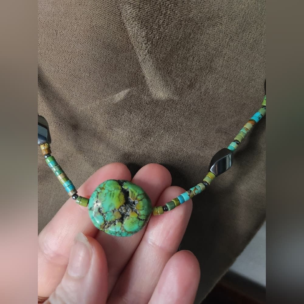 Turquoise Heishi and Black Hematite Beaded Necklace With Round Nugget - Thumbnail 2