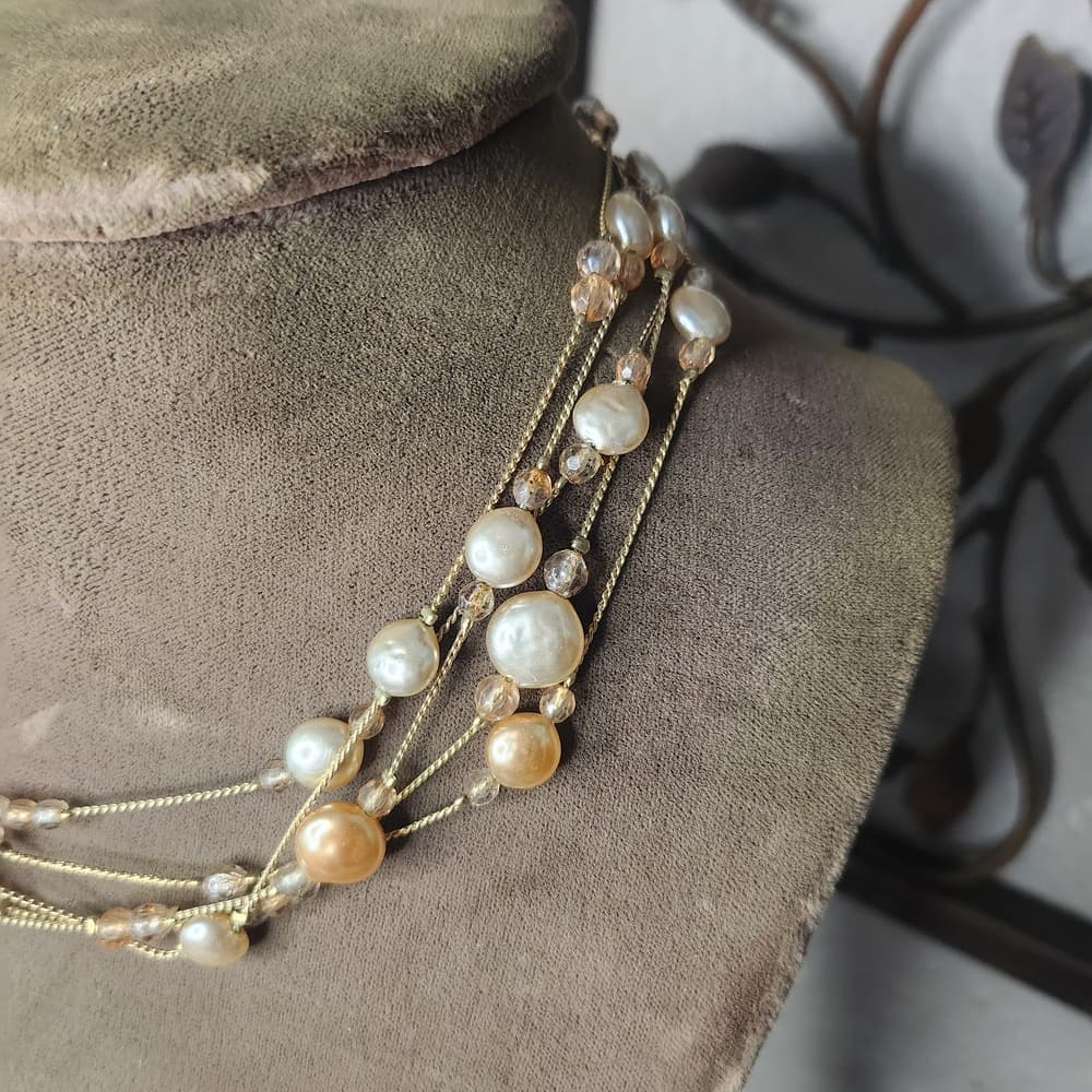 Pretty Gold Tone Multi-Strand Pastel Pearl Necklace - Thumbnail 4