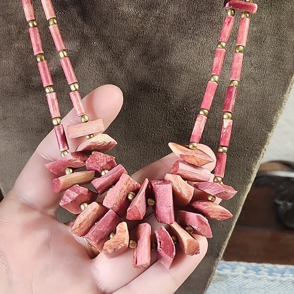 Vintage Southwestern Native Style Red Dyed Bone Chunk Handmade Necklace - Thumbnail 2