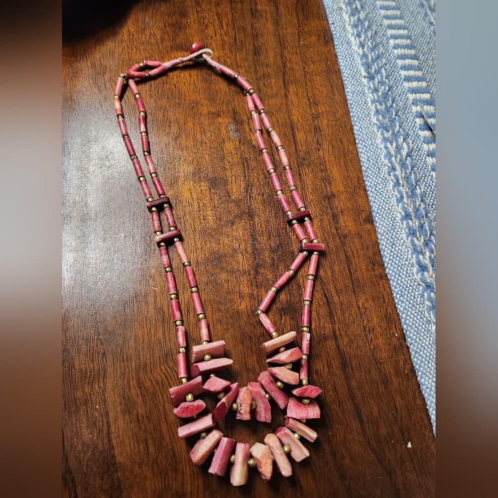 Vintage Southwestern Native Style Red Dyed Bone Chunk Handmade Necklace - Thumbnail 5
