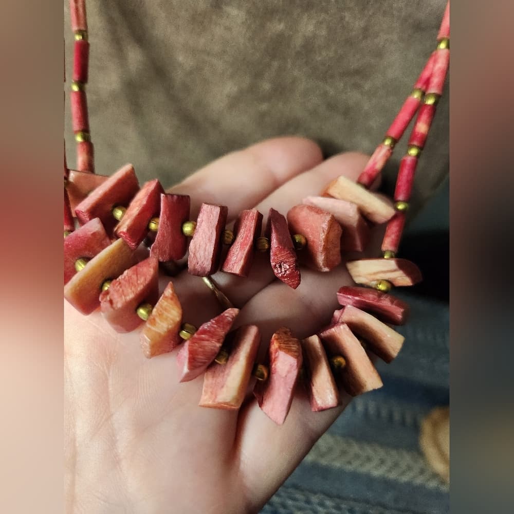 Vintage Southwestern Native Style Red Dyed Bone Chunk Handmade Necklace - Thumbnail 4