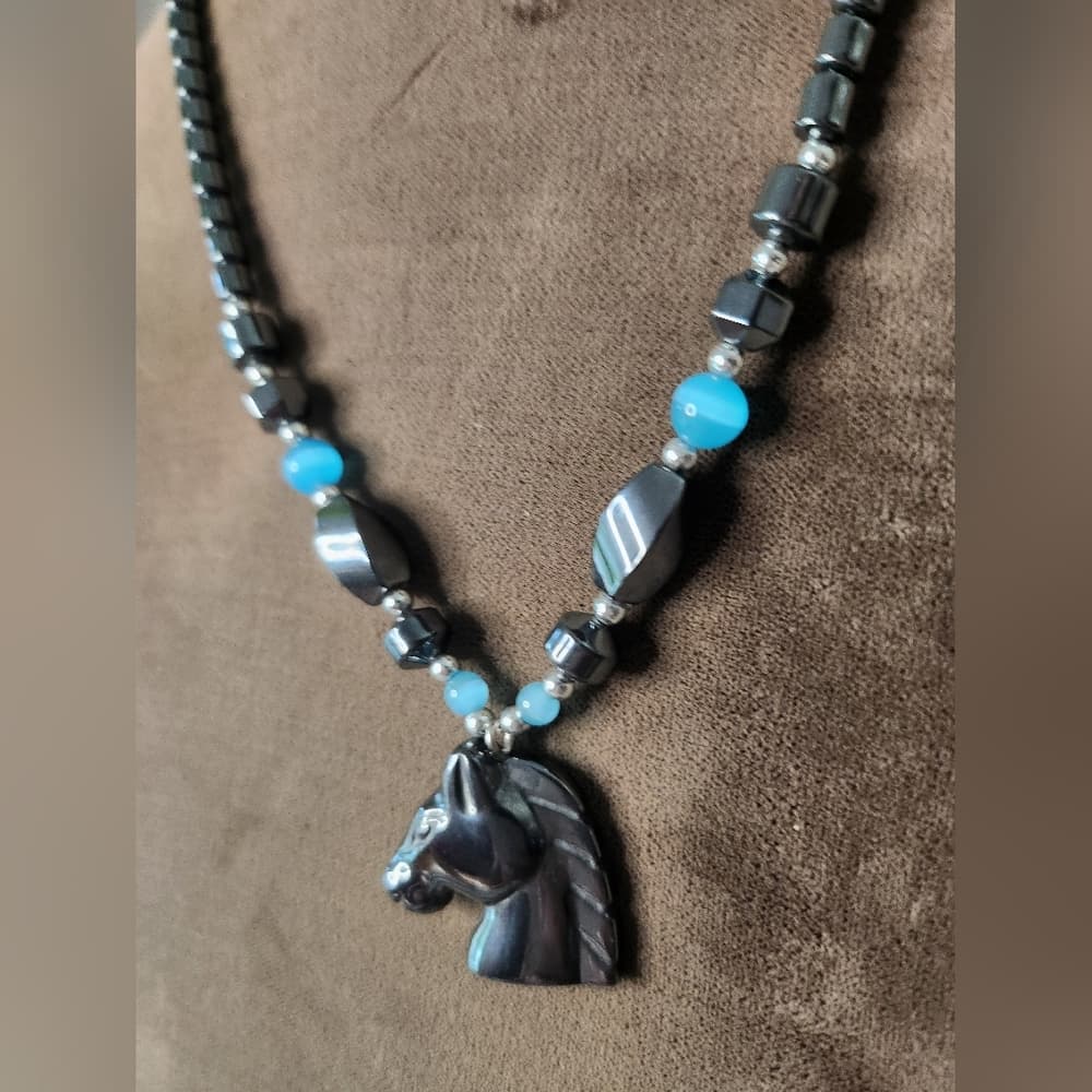 Native Carved Black Hematite Horse Head and Turquiose Blue Beaded Necklace