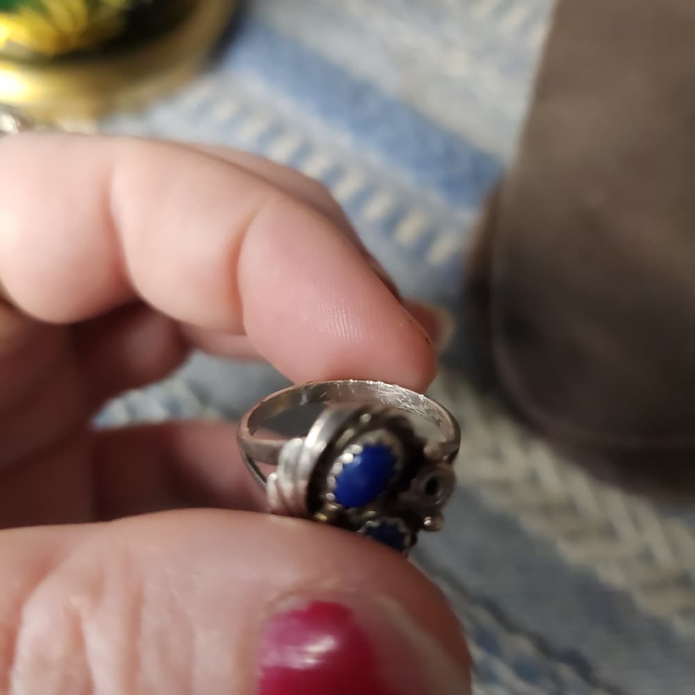 Signed Navajo Sterling Silver And Lapis Lazuli Oval Floral Ring 6.5 - Thumbnail 7