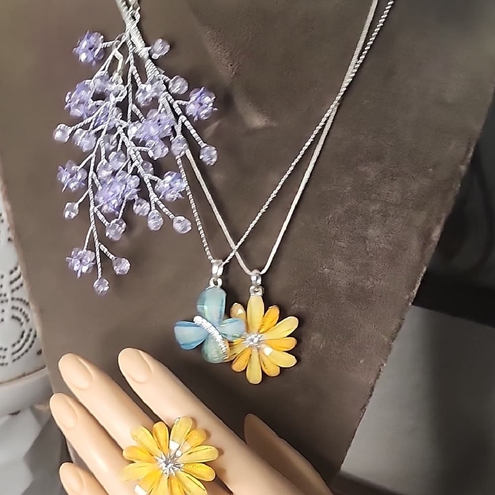 Sparkly Floral Bundle Yellow and Purple Dragonfly Jewelry Set With Ring Earrings - Thumbnail 5