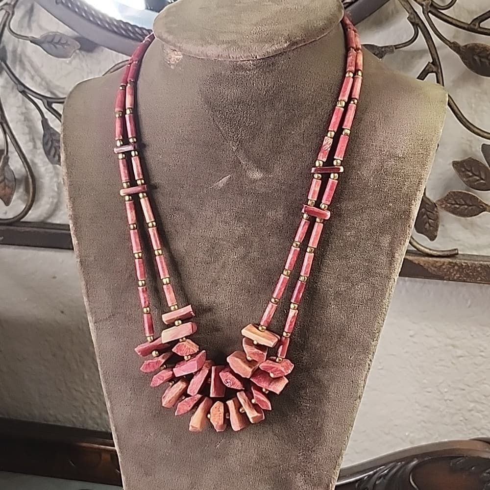 Vintage Southwestern Native Style Red Dyed Bone Chunk Handmade Necklace - Thumbnail 9