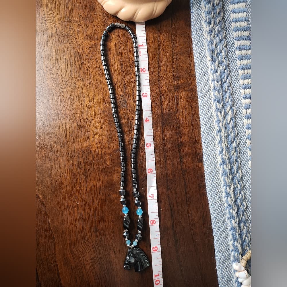 Native Carved Black Hematite Horse Head and Turquiose Blue Beaded Necklace - Thumbnail 4