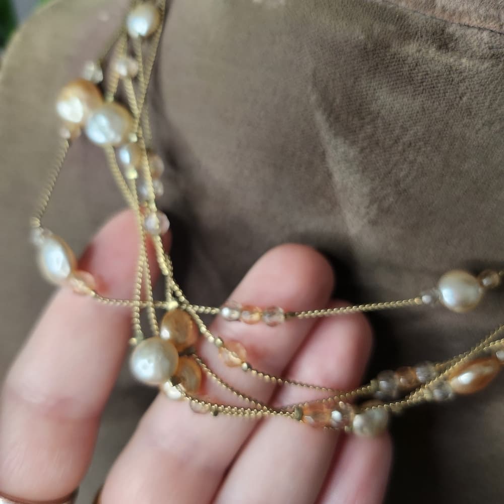Pretty Gold Tone Multi-Strand Pastel Pearl Necklace - Thumbnail 3