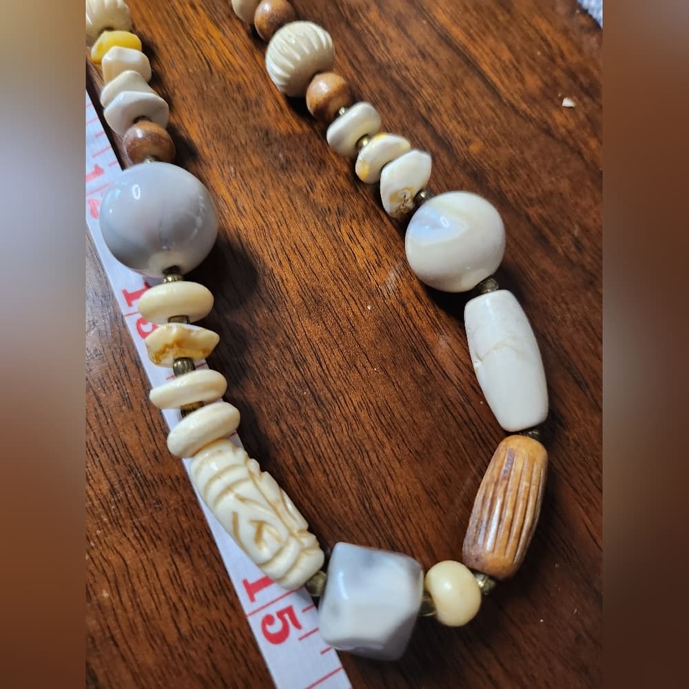 Vintage Carved Bone Shell Wood And Agate Long Chunky Beaded Necklace - Thumbnail 8
