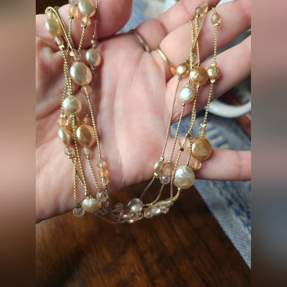 Pretty Gold Tone Multi-Strand Pastel Pearl Necklace - Thumbnail 8