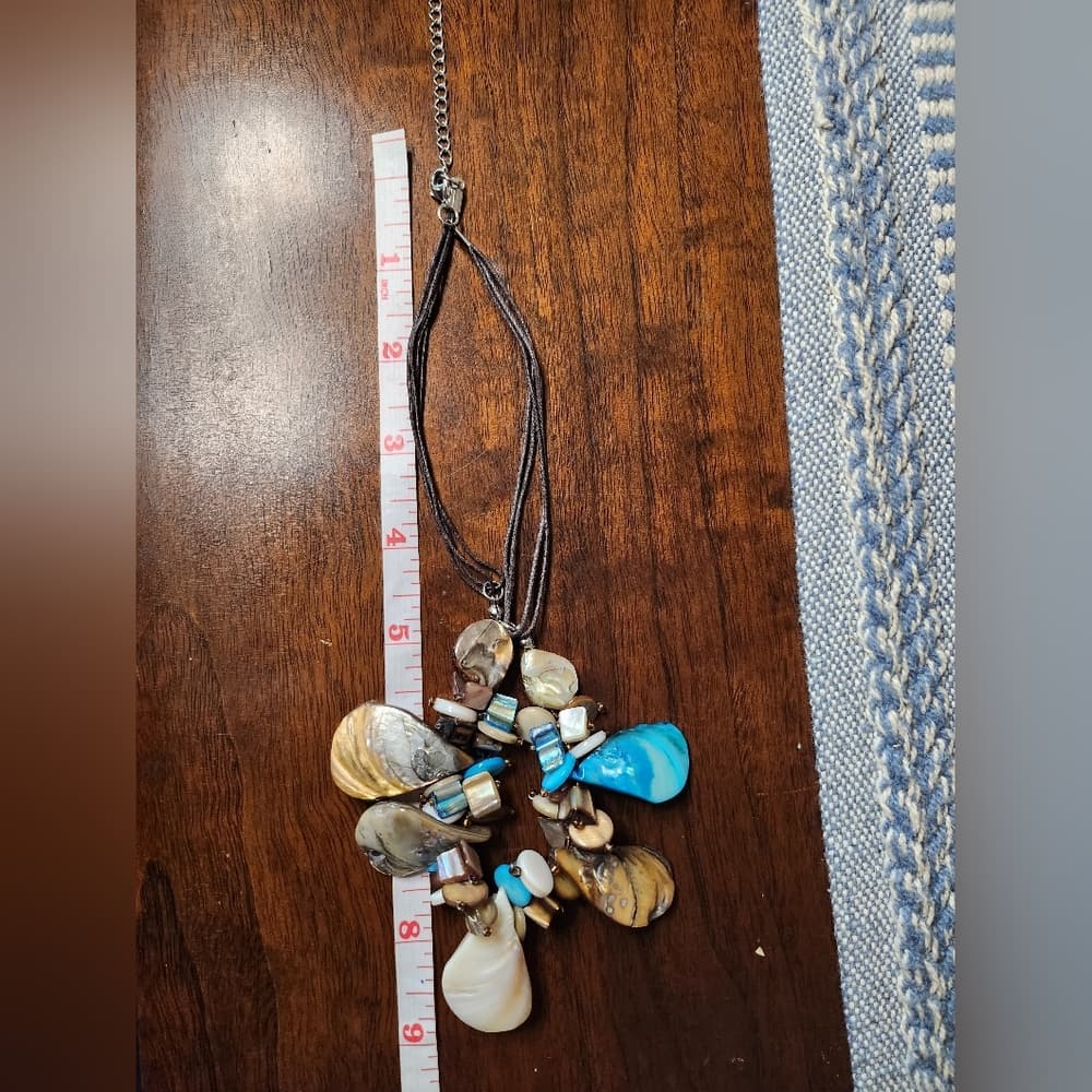 Blue Cream Brown Shell And Black Leather 16" Necklace With Extension - Thumbnail 4