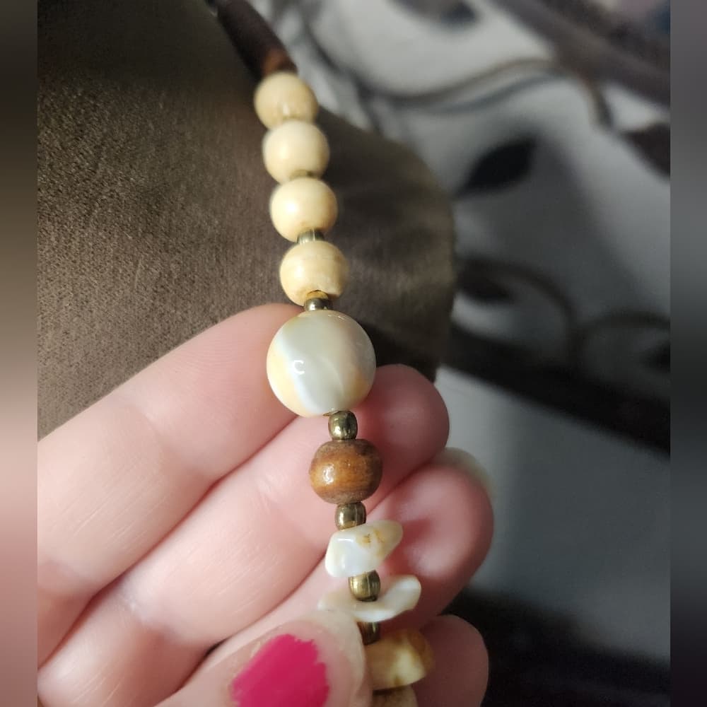 Vintage Carved Bone Shell Wood And Agate Long Chunky Beaded Necklace - Thumbnail 5