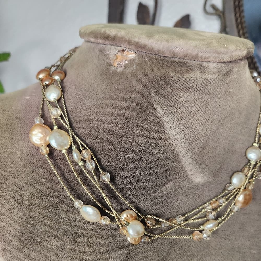 Pretty Gold Tone Multi-Strand Pastel Pearl Necklace