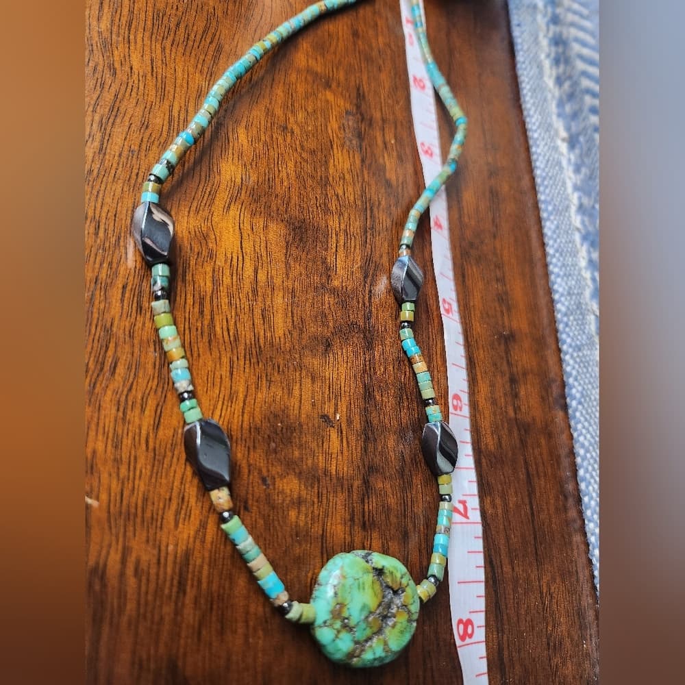Turquoise Heishi and Black Hematite Beaded Necklace With Round Nugget - Thumbnail 6