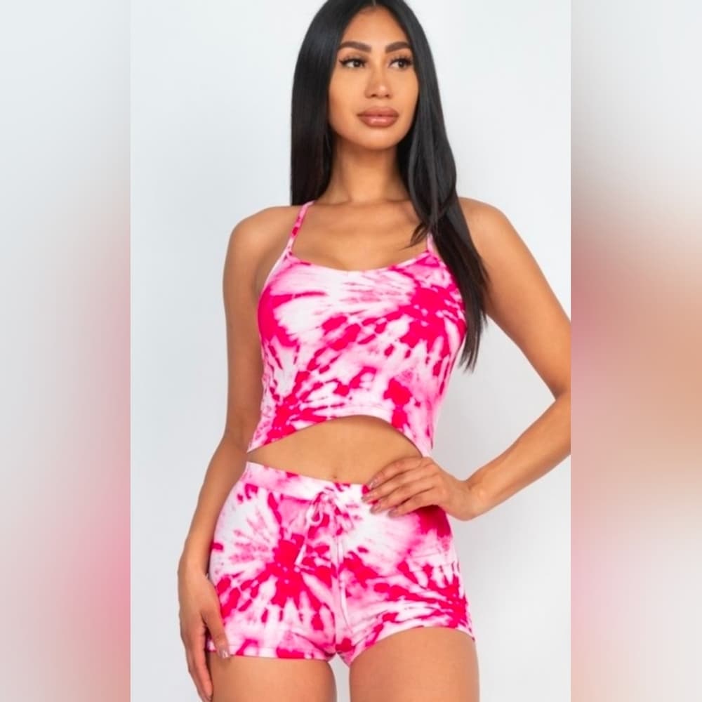 2 Piece Pink And Blue Tie-Dye Crop Top and Shorts Set - Thumbnail 3