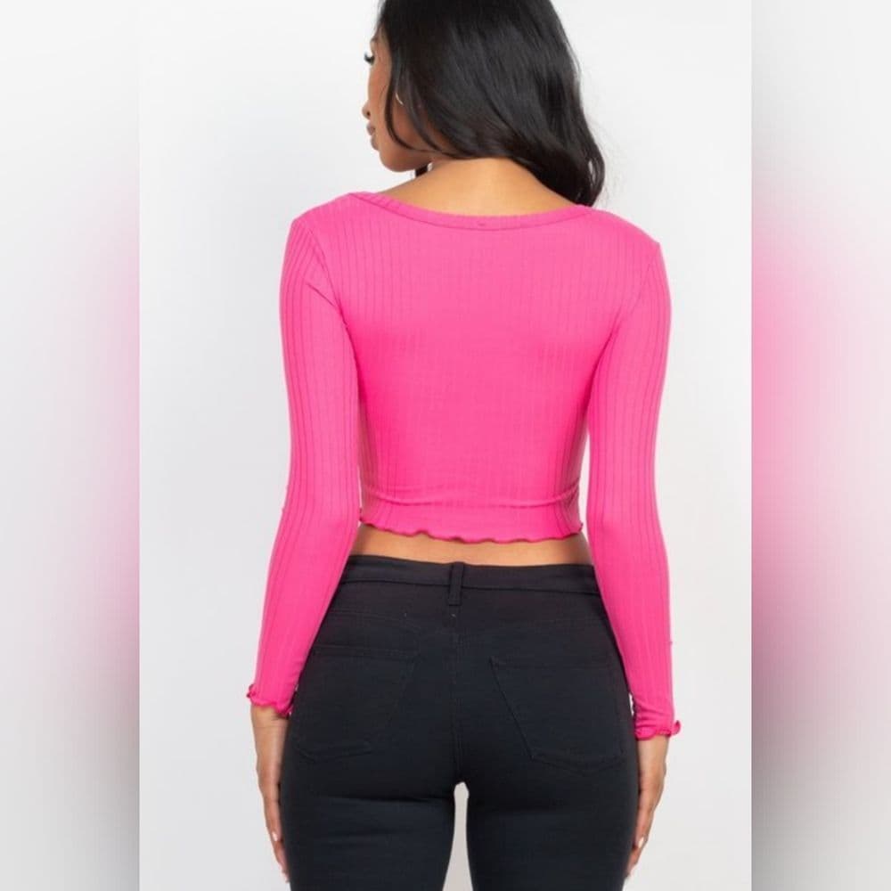 White Ribbed Long Sleeve Soft Stretchy Crop Top - Thumbnail 3