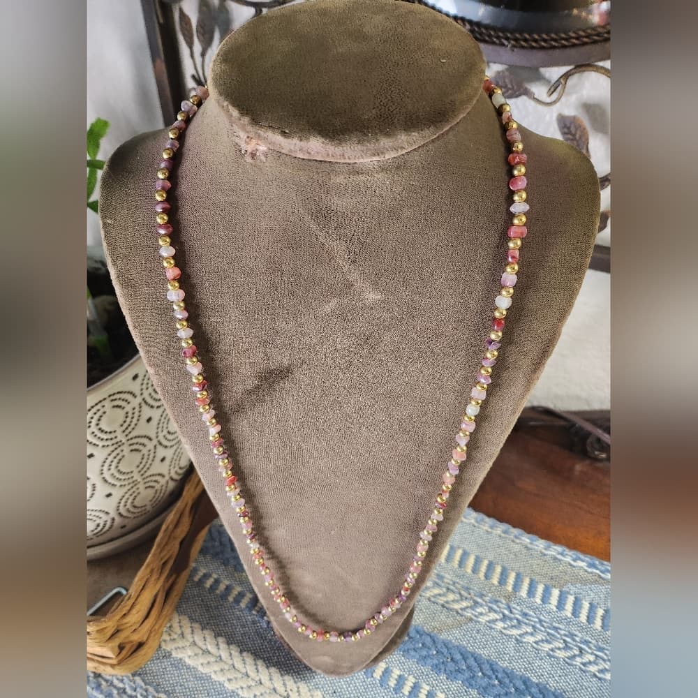 Vintage Napier Pink Purple Gemstone Chip and Gold Tone Long Beaded Necklace - Thumbnail 5