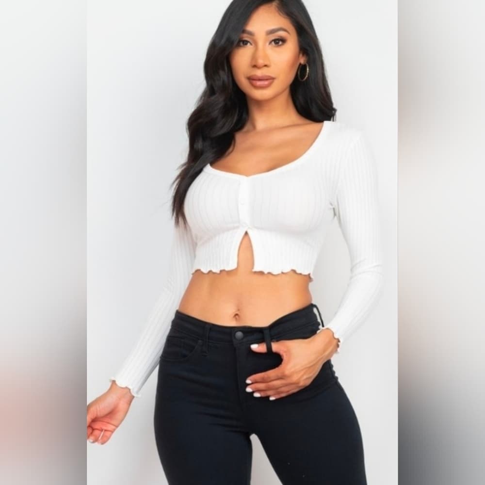 White Ribbed Long Sleeve Soft Stretchy Crop Top - Thumbnail 10