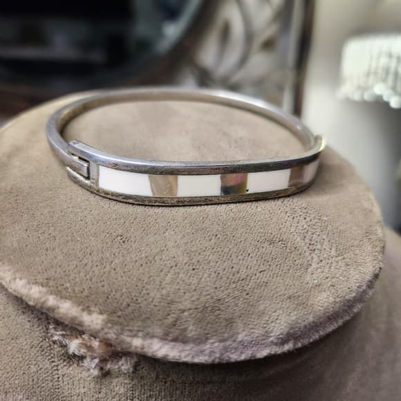 Elegant Silver Mother Of Pearl And Shell Inlay Bracelet Mexico - Thumbnail 9