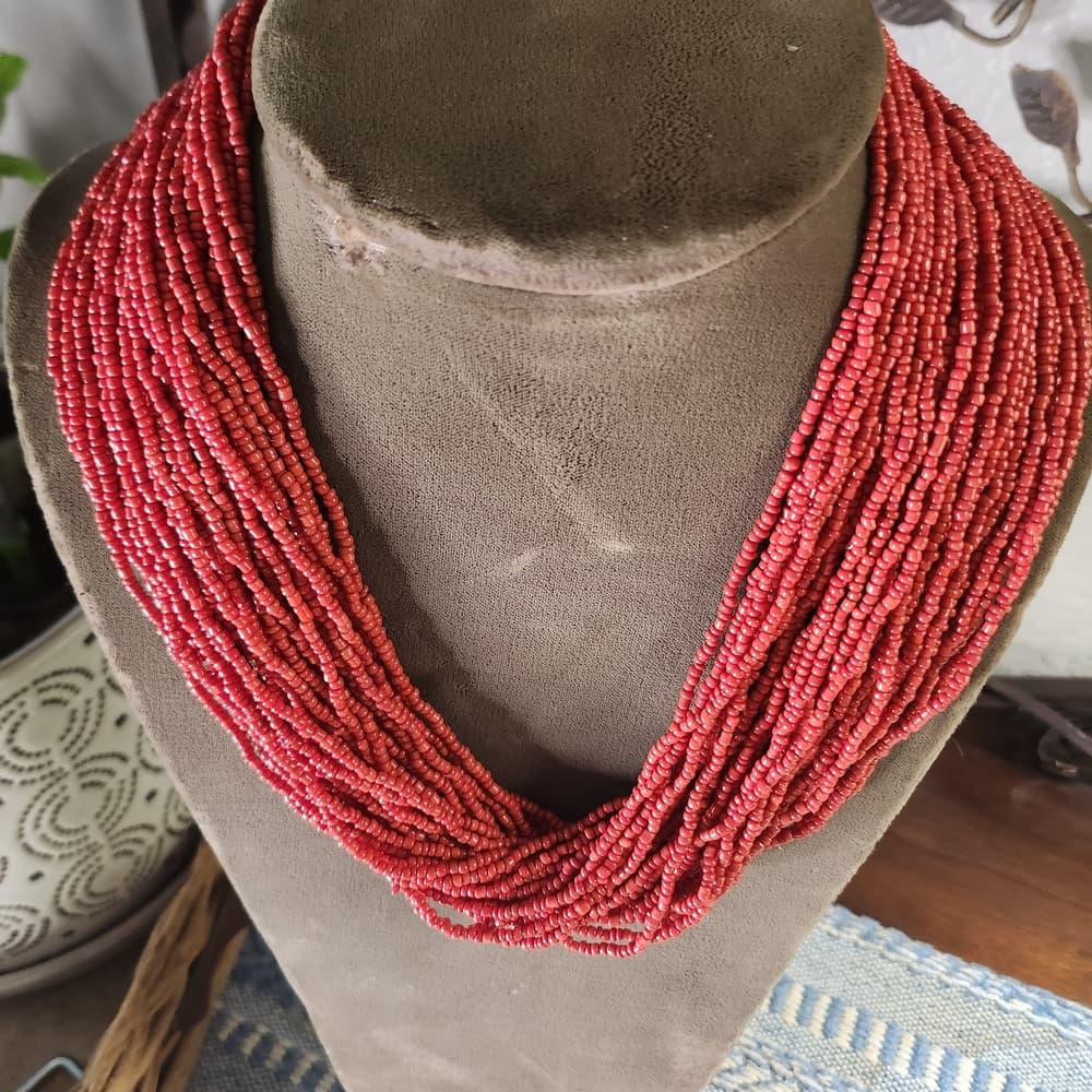 Vintage Red Multi Layer Beaded Necklace With Crochet Clasp Antique Indian Rupee - Thumbnail 3