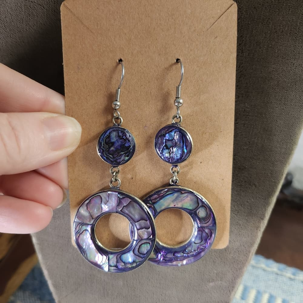 Vintage Purple Abalone Shell and Silver Alpaca Mexico Stamped Dangle Earrings - Thumbnail 5