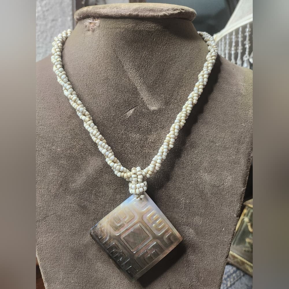 Cream And Brown Beaded Necklace with Carved Shell Abalone Pendant - Thumbnail 7