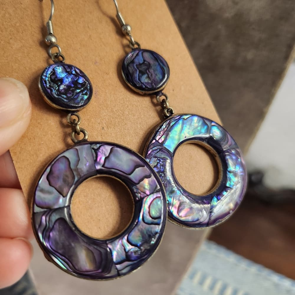 Vintage Purple Abalone Shell and Silver Alpaca Mexico Stamped Dangle Earrings