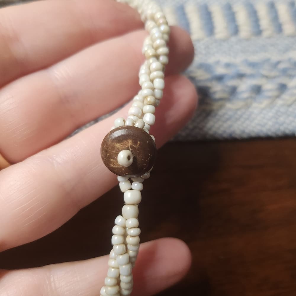 Cream And Brown Beaded Necklace with Carved Shell Abalone Pendant - Thumbnail 4