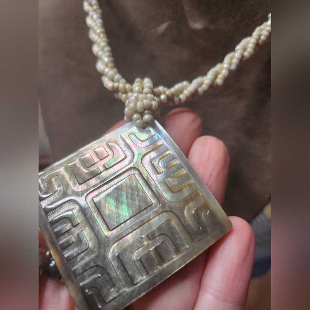 Cream And Brown Beaded Necklace with Carved Shell Abalone Pendant - Thumbnail 3