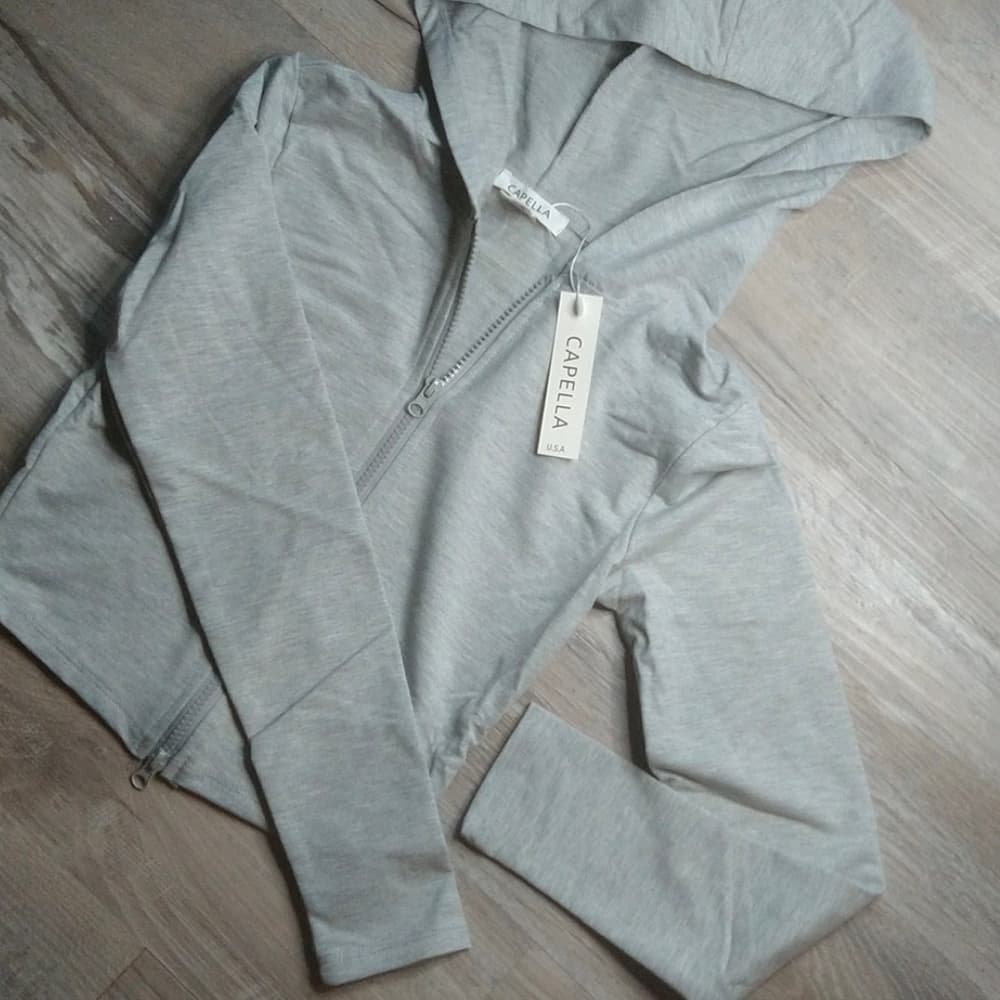 Gray French Terry Women's Cropped Zip Up Hoodie - Thumbnail 5