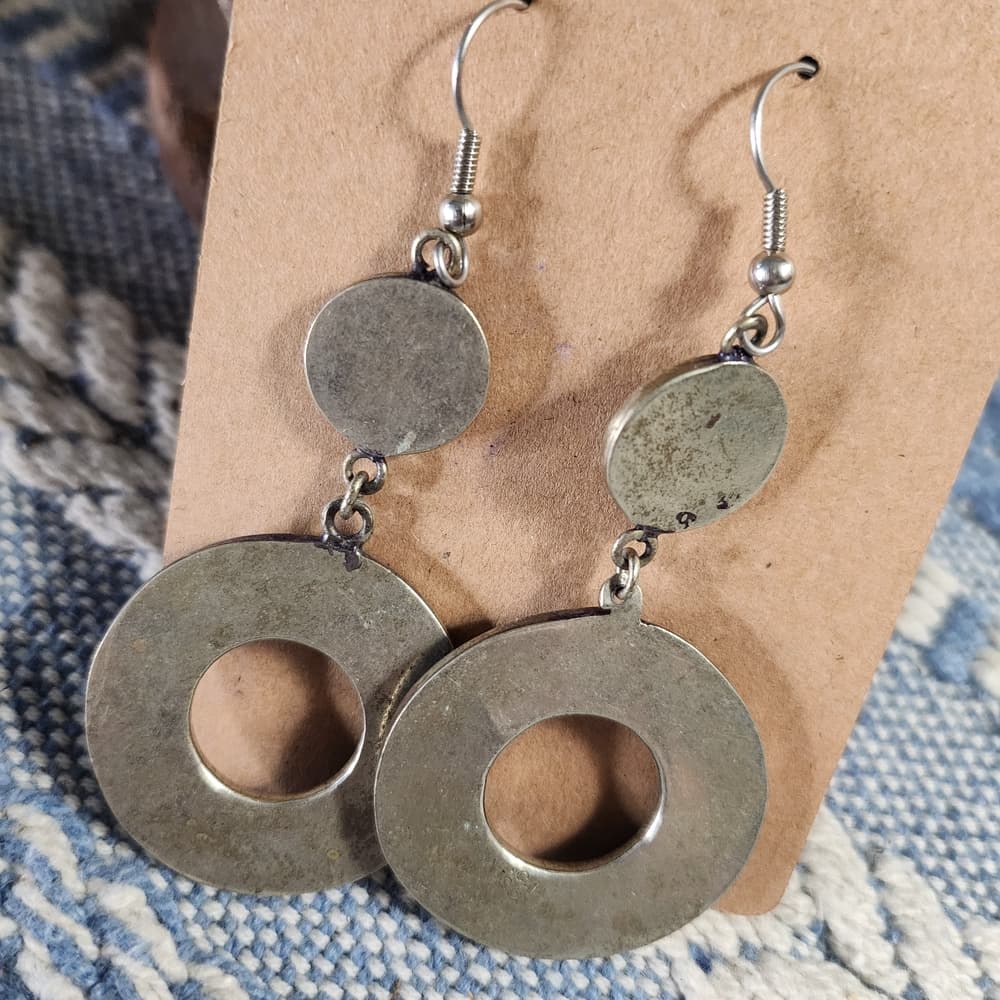 Vintage Purple Abalone Shell and Silver Alpaca Mexico Stamped Dangle Earrings - Thumbnail 3