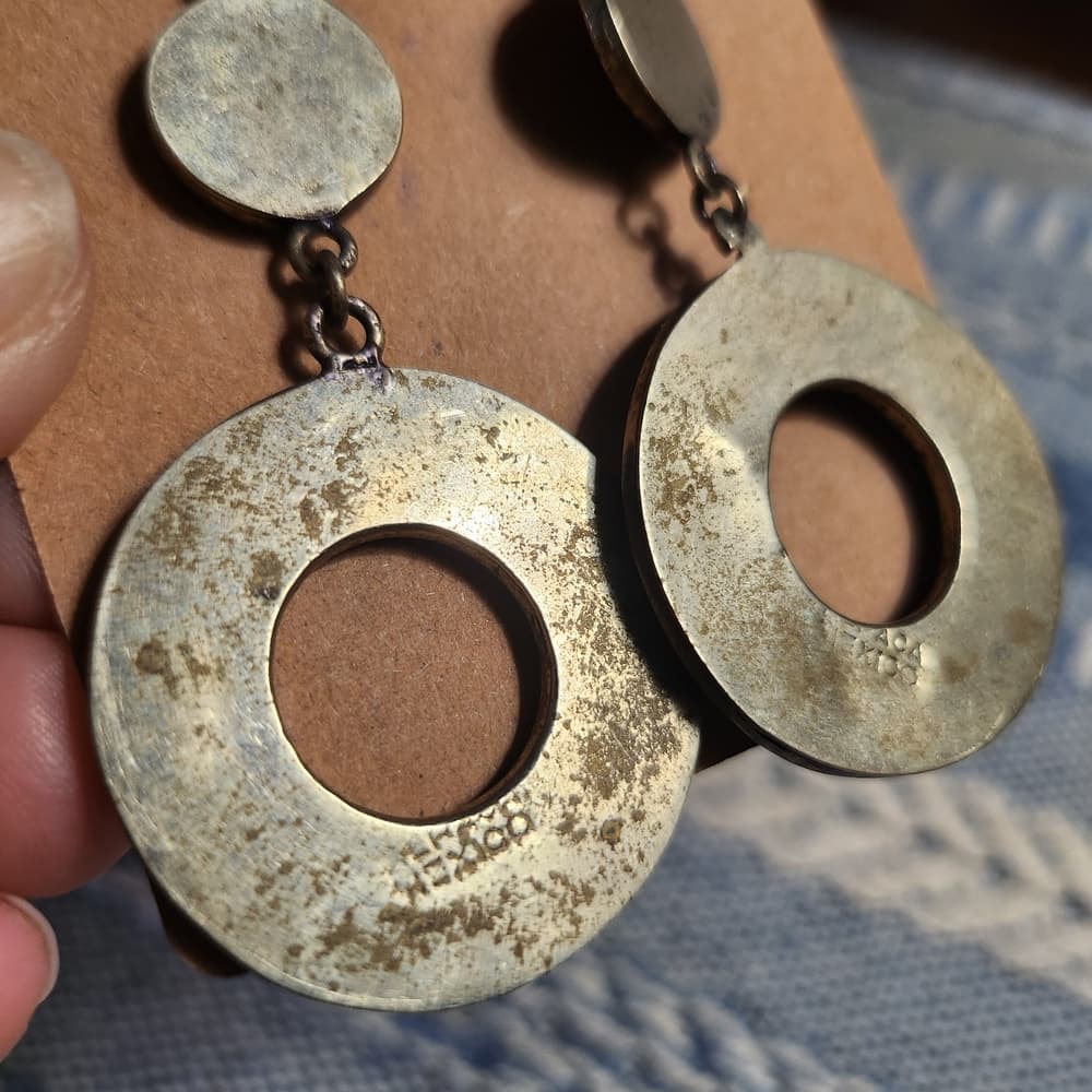 Vintage Purple Abalone Shell and Silver Alpaca Mexico Stamped Dangle Earrings - Thumbnail 4