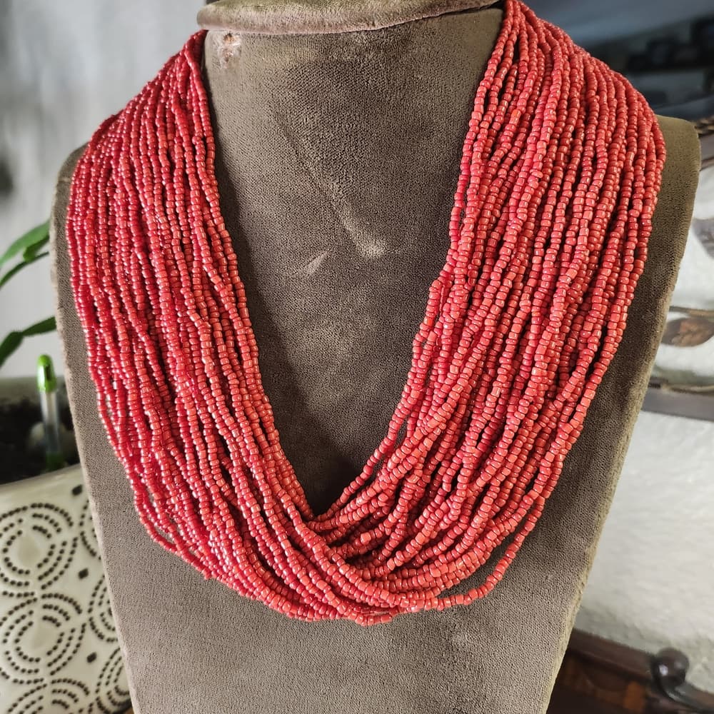 Vintage Red Multi Layer Beaded Necklace With Crochet Clasp Antique Indian Rupee - Thumbnail 7