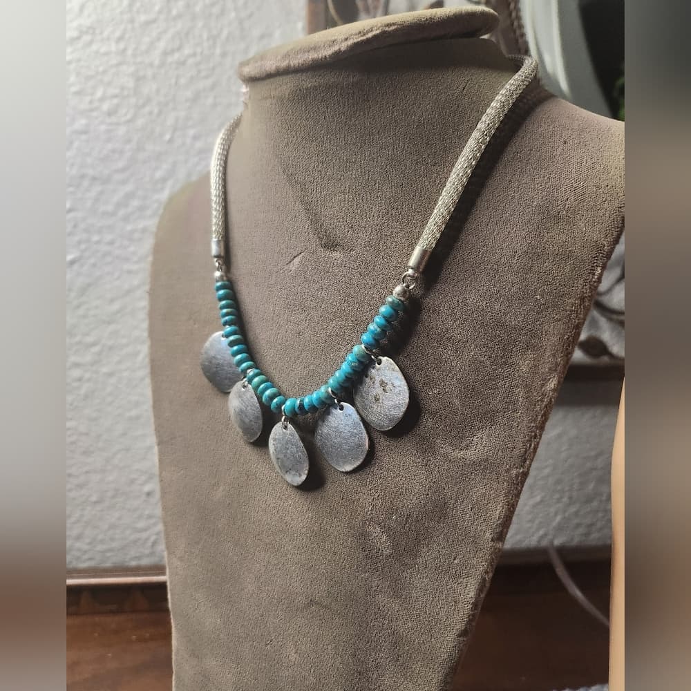 Majorie Baur SF Silver and Turquoise Beaded Necklace With Hammered Accents