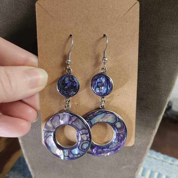 Vintage Purple Abalone Shell and Silver Alpaca Mexico Stamped Dangle Earrings - Thumbnail 6