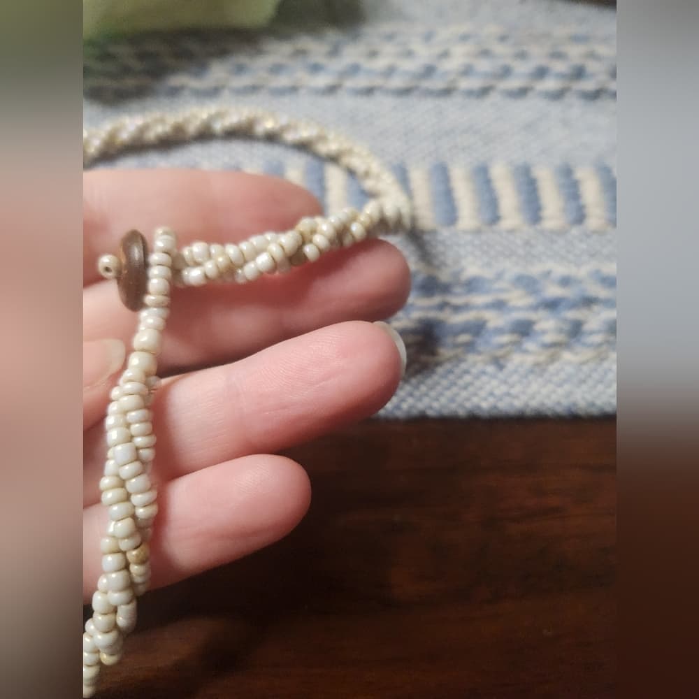 Cream And Brown Beaded Necklace with Carved Shell Abalone Pendant - Thumbnail 5