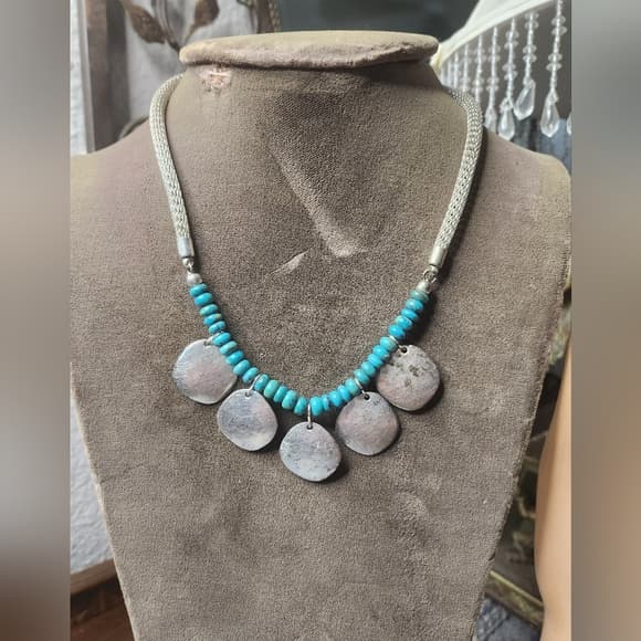 Majorie Baur SF Silver and Turquoise Beaded Necklace With Hammered Accents - Thumbnail 10