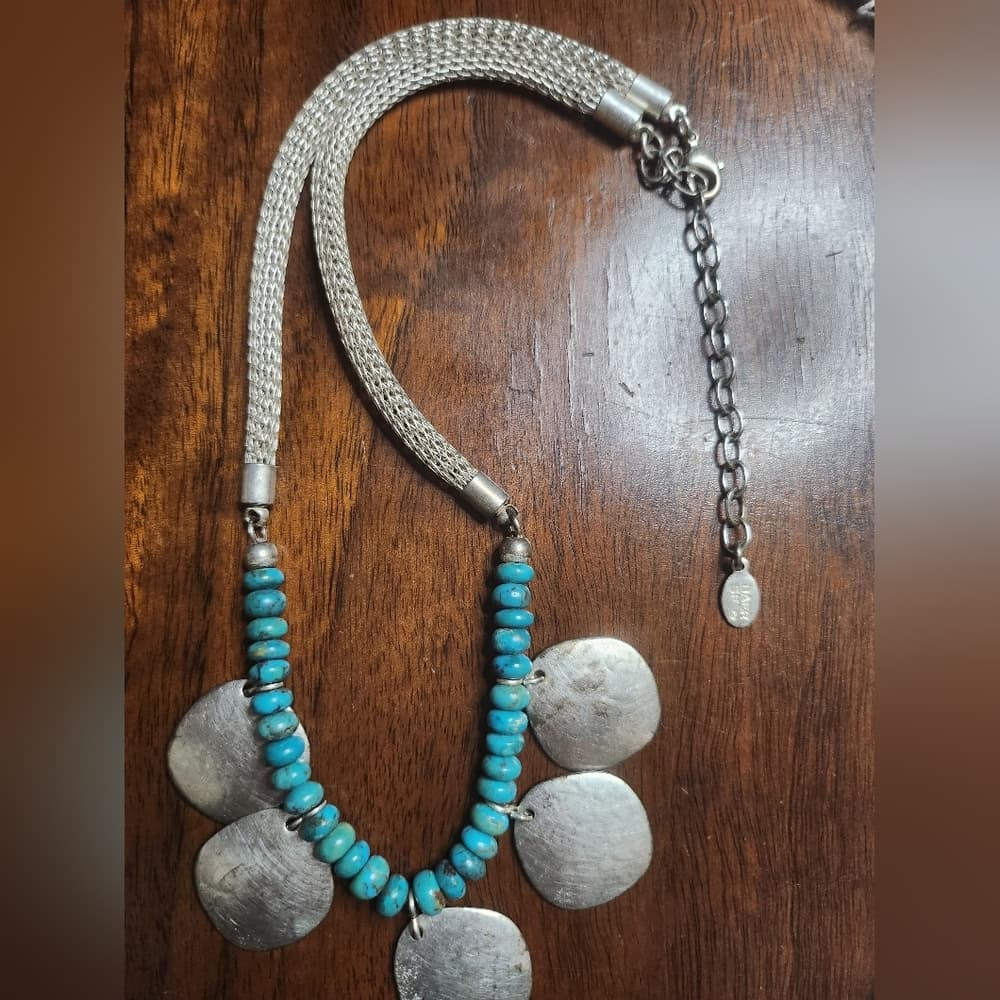 Majorie Baur SF Silver and Turquoise Beaded Necklace With Hammered Accents - Thumbnail 7