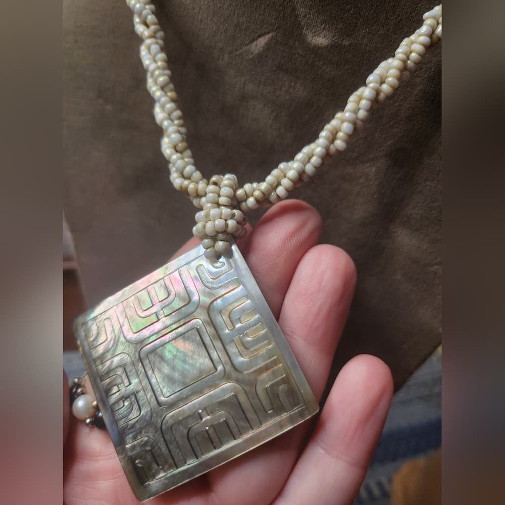 Cream And Brown Beaded Necklace with Carved Shell Abalone Pendant - Thumbnail 2