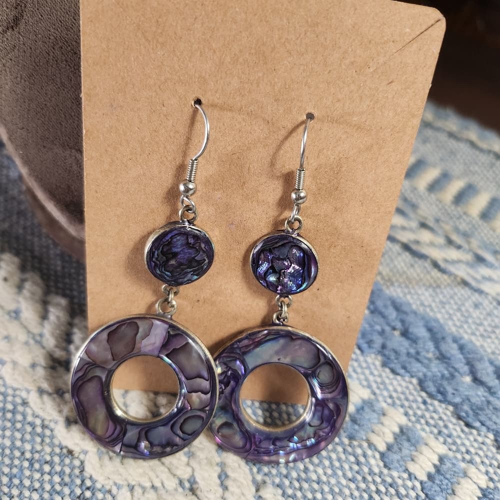 Vintage Purple Abalone Shell and Silver Alpaca Mexico Stamped Dangle Earrings - Thumbnail 2