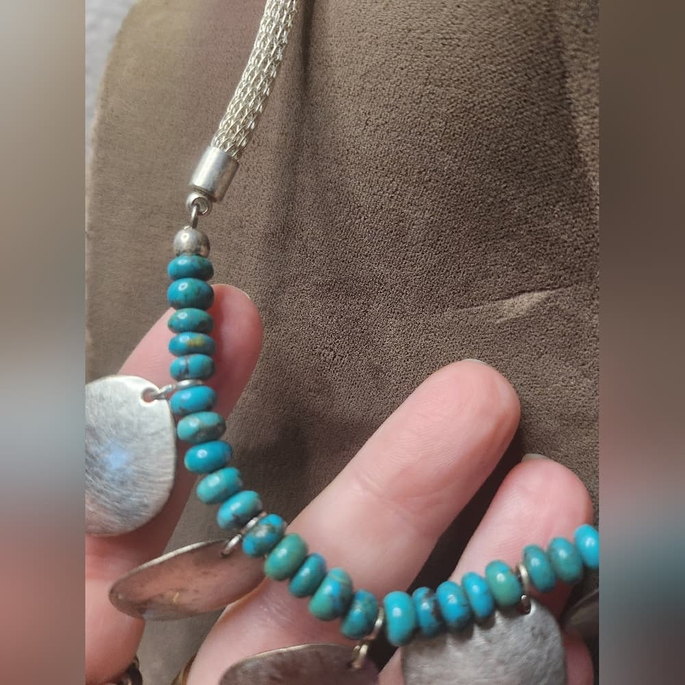 Majorie Baur SF Silver and Turquoise Beaded Necklace With Hammered Accents - Thumbnail 3
