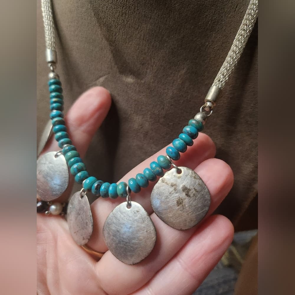 Majorie Baur SF Silver and Turquoise Beaded Necklace With Hammered Accents - Thumbnail 2