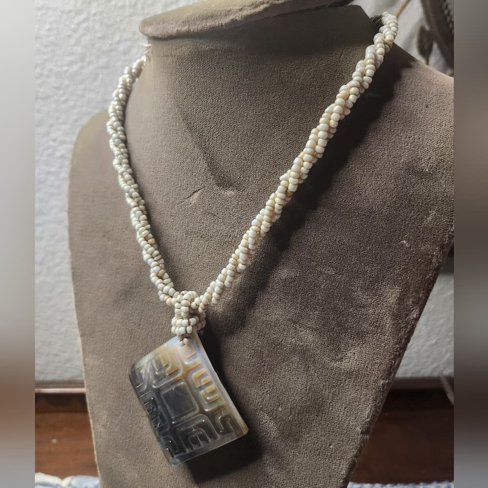 Cream And Brown Beaded Necklace with Carved Shell Abalone Pendant