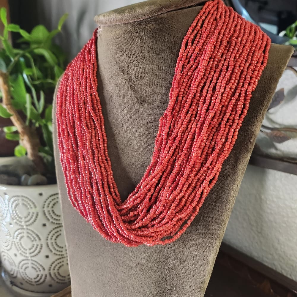 Vintage Red Multi Layer Beaded Necklace With Crochet Clasp Antique Indian Rupee