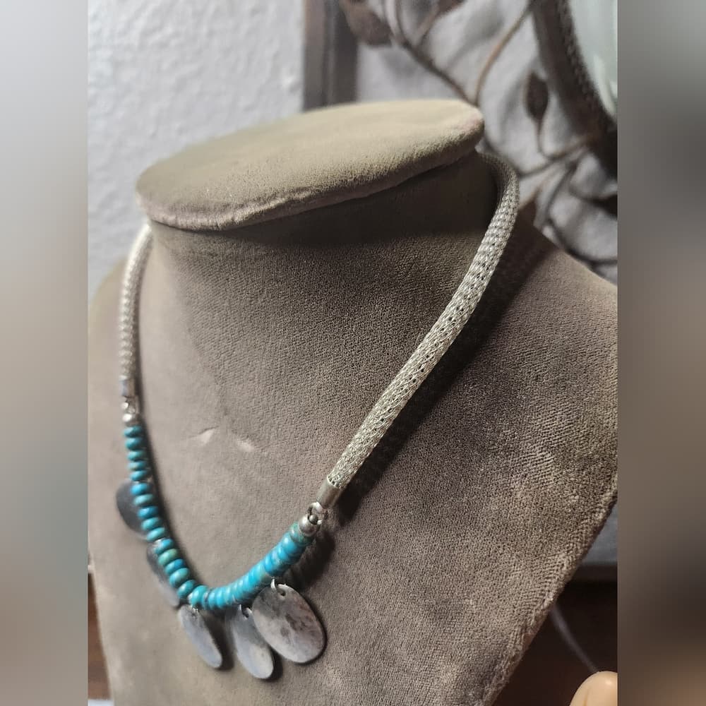 Majorie Baur SF Silver and Turquoise Beaded Necklace With Hammered Accents - Thumbnail 4