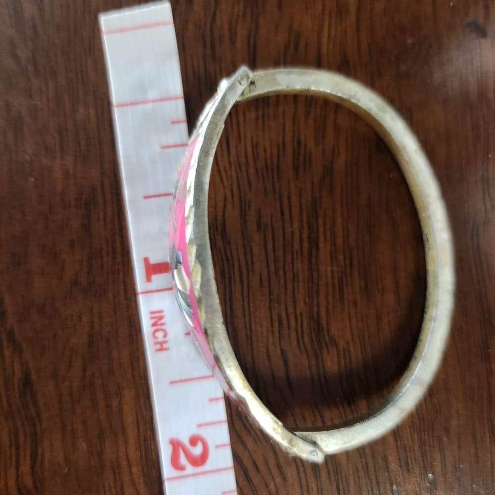 Vintage Twisted Hammered Silver And Pink Shell Inlay Floral Youth Bracelet - Thumbnail 6