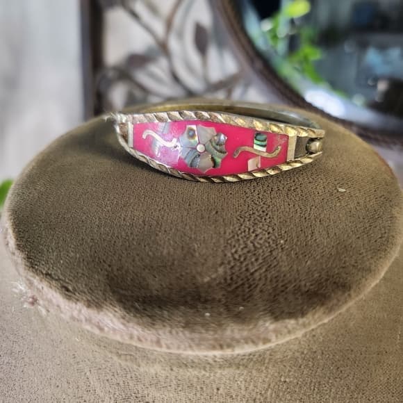 Vintage Twisted Hammered Silver And Pink Shell Inlay Floral Youth Bracelet - Thumbnail 10