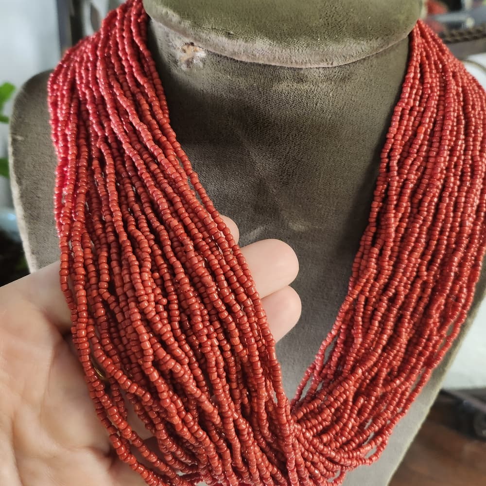 Vintage Red Multi Layer Beaded Necklace With Crochet Clasp Antique Indian Rupee - Thumbnail 2